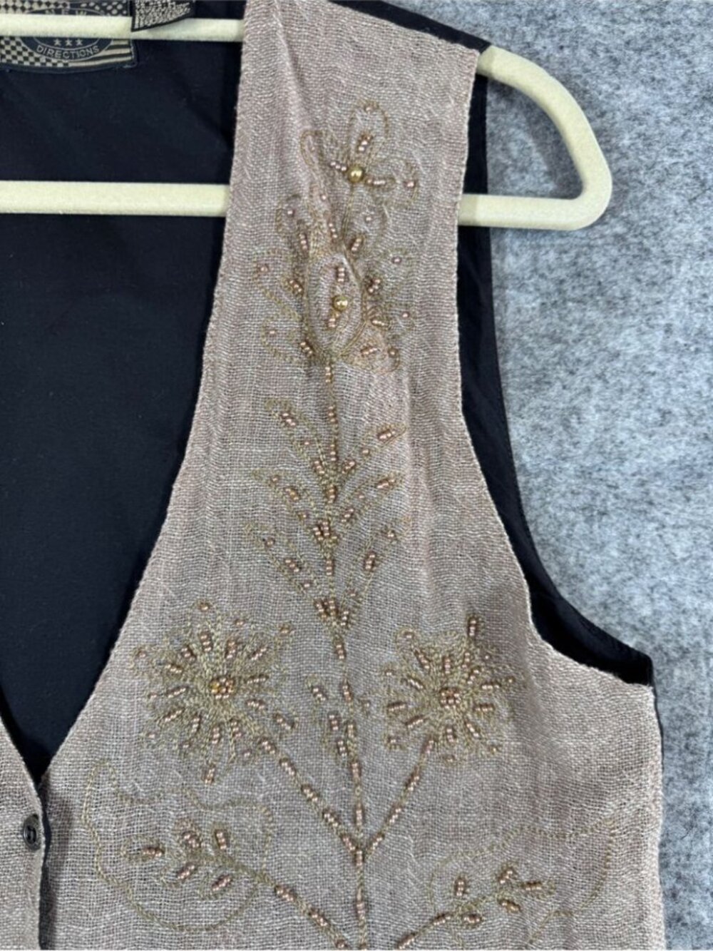 Vintage Beaded Linen Blend Vest Taupe Medium Boho Western Cottagecore Festival - Picture 12 of 16